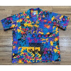 Hilo Hattie Hawaiian vintage tropical Floral Black Cat Aloha Resortwear Shirt